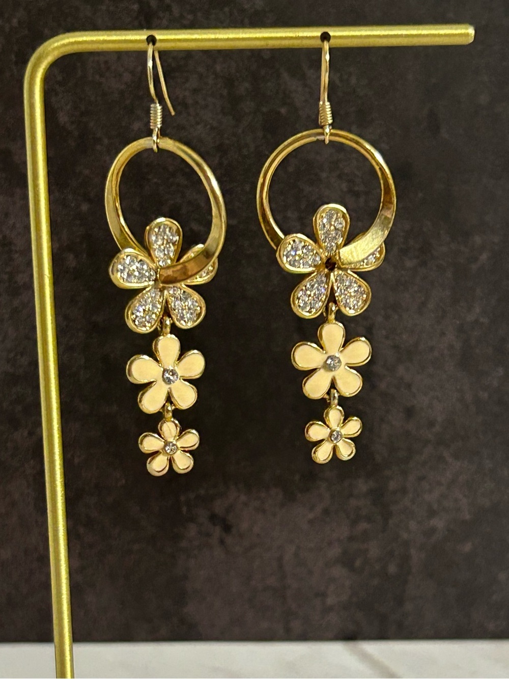 Gold Floral Drop Earrings with Crystal Accents